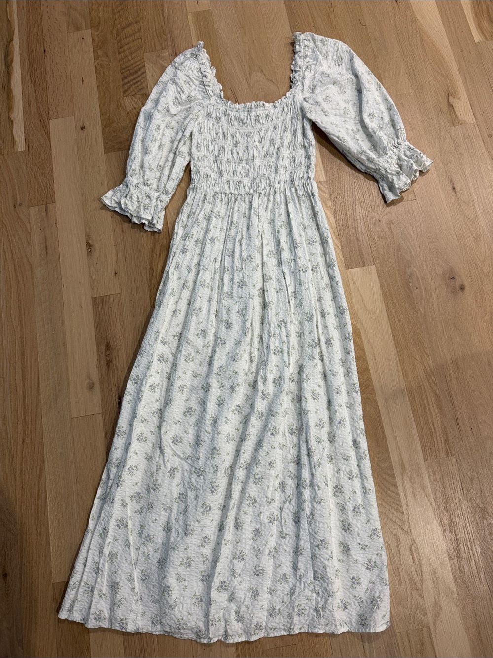 H&M Cream White Floral Smocked Maxi Dress with Puff Sleeves